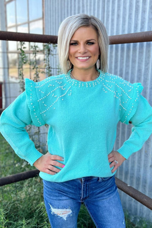 YOU ARE THE PEARL SWEATER - TURQUOISE